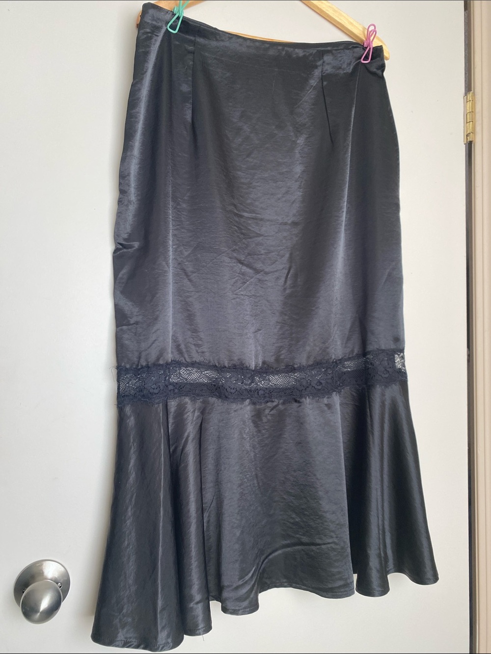 Women's Black Satin Skirt with Lace Trim. Size XL. W 34 “ L 35”